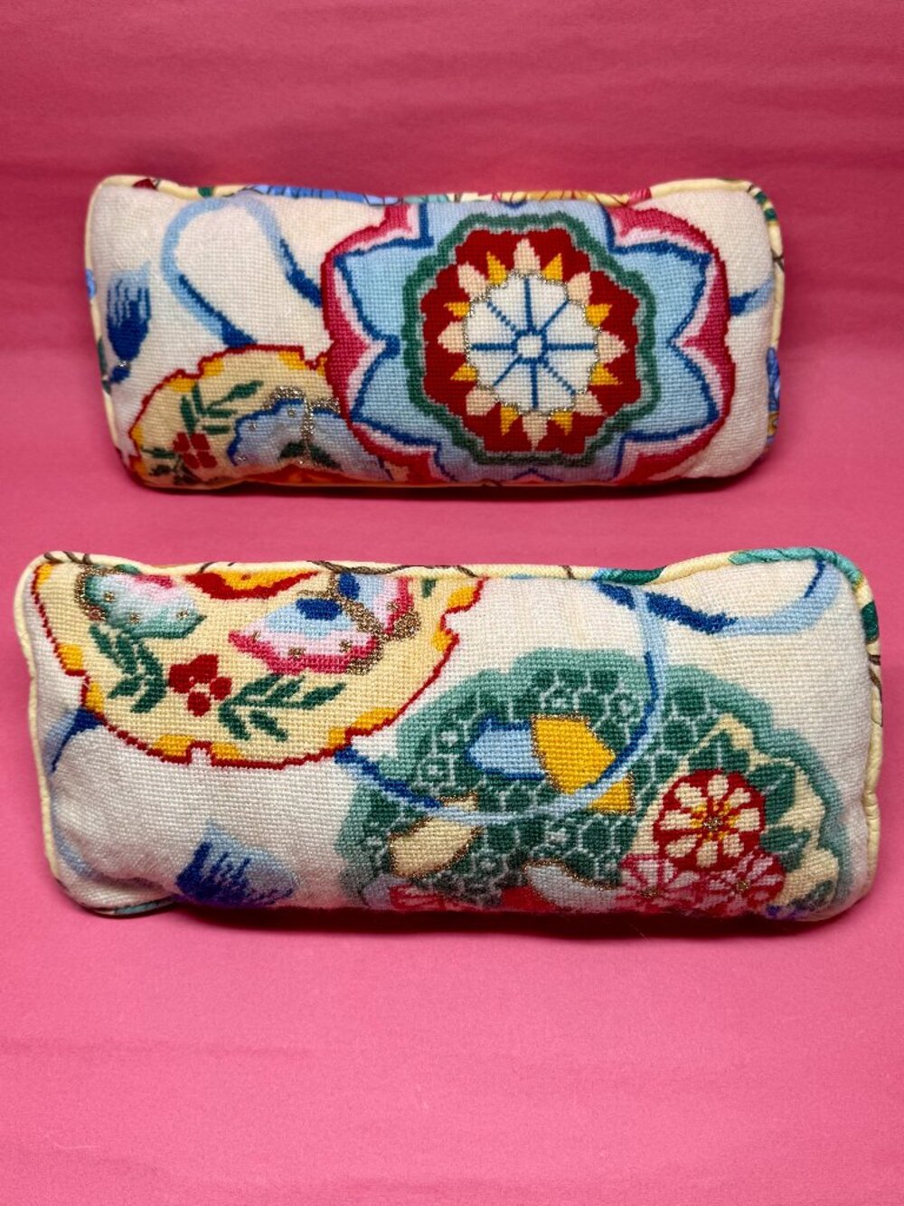 Vintage Pair Floral Chinoiserie Needlepoint Lumbar Pillows - Yellow - Set of 2